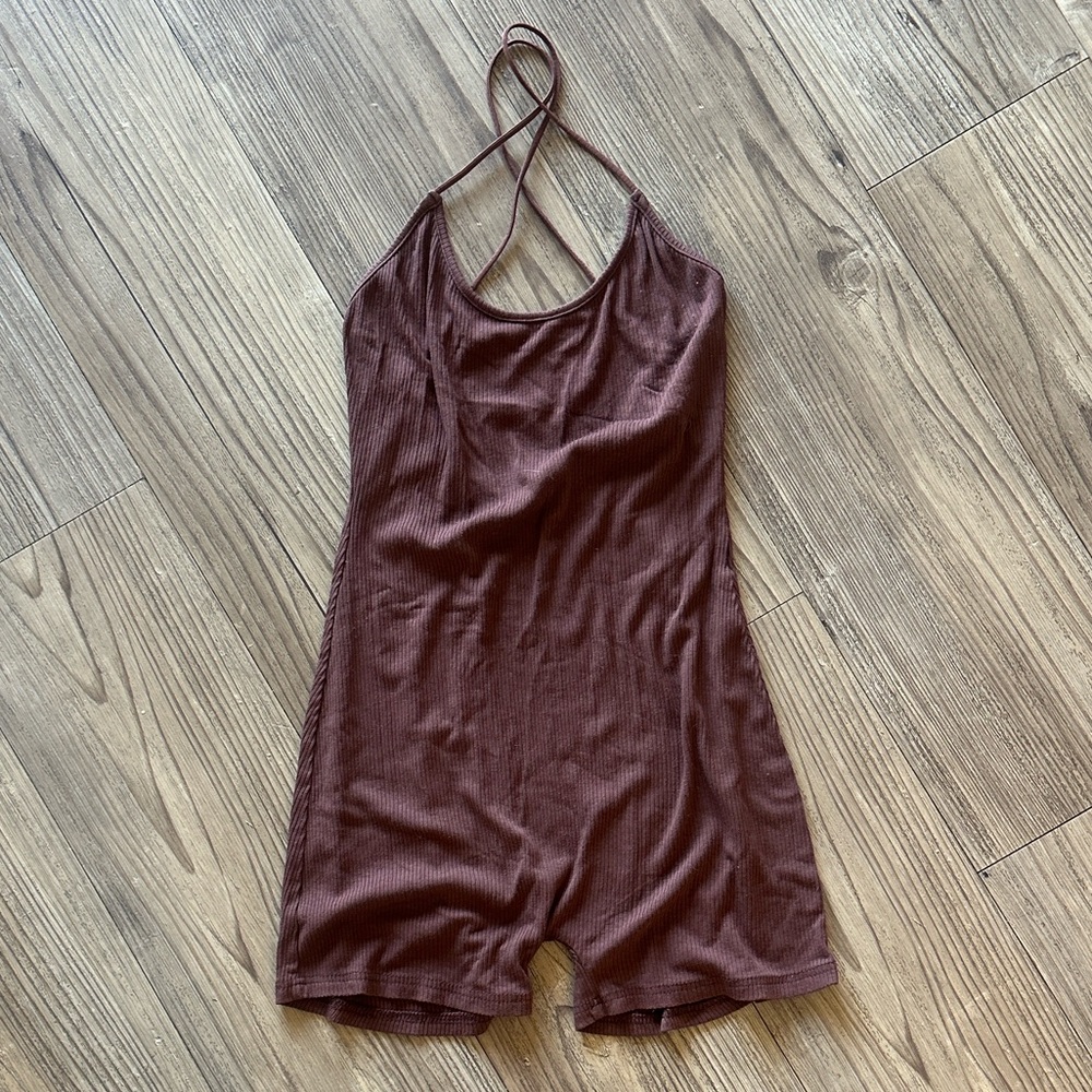 Ribbed Spaghetti Strap Romper in Deep Brown